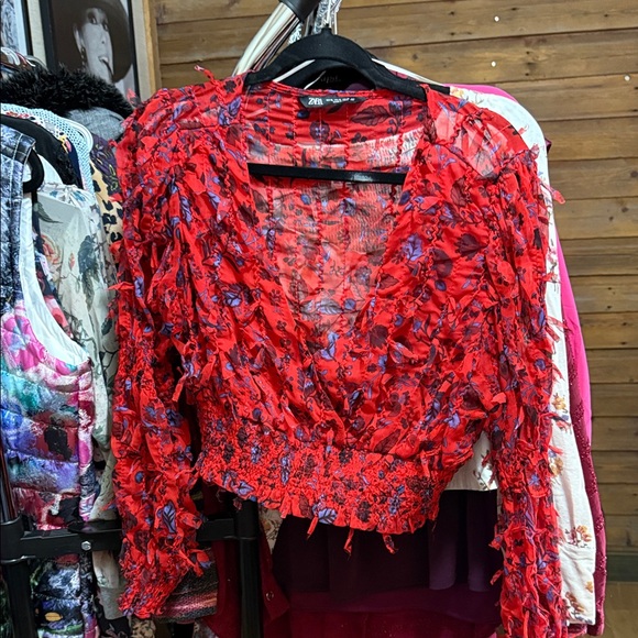 Zara Vibrant Red and Blue Textured Blouse - Picture 7 of 8